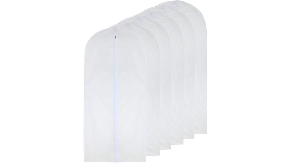 six white breathable garment bags