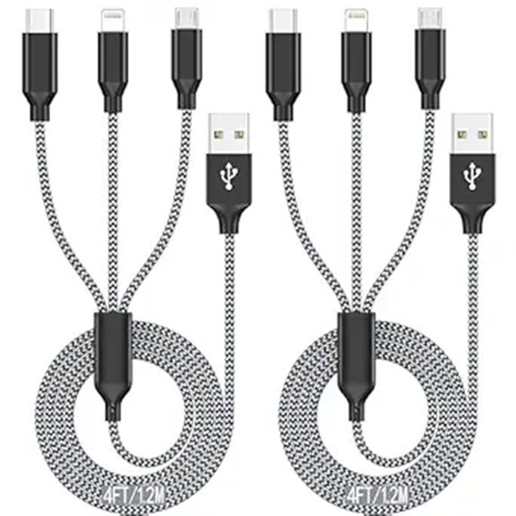 Braided Travel Cables (Reinforced Ends) For On‑The‑Go Power 1 3 in 1 4ft multi port charger