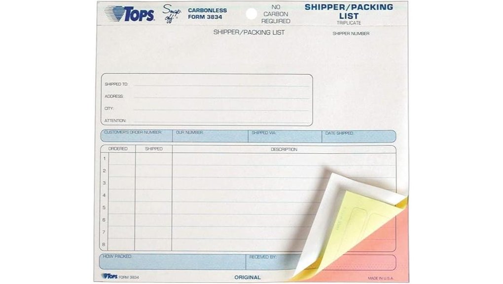 50 set triplicate packing list