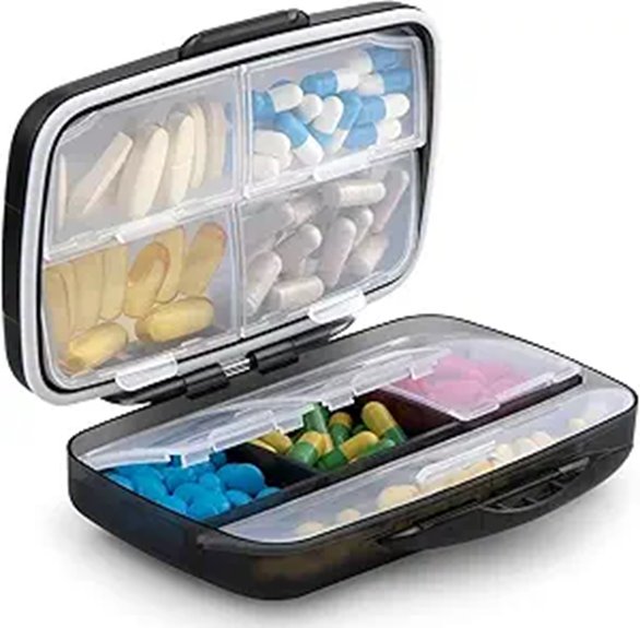 Travel Pill Organizer Cases (Secure Latching) Keep Meds Safe 11 black airtight 8 compartment organizer