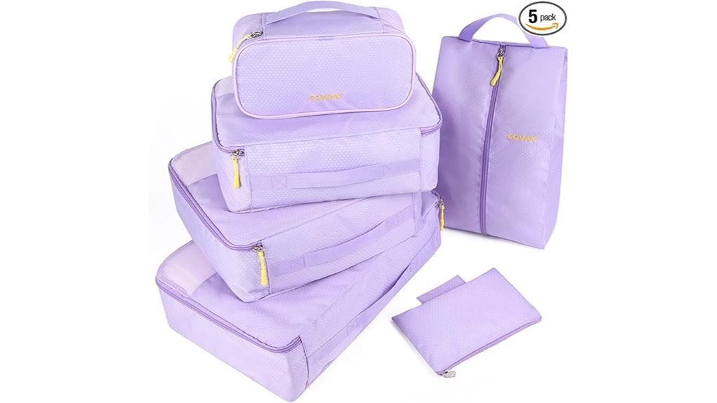 five purple packing cubes
