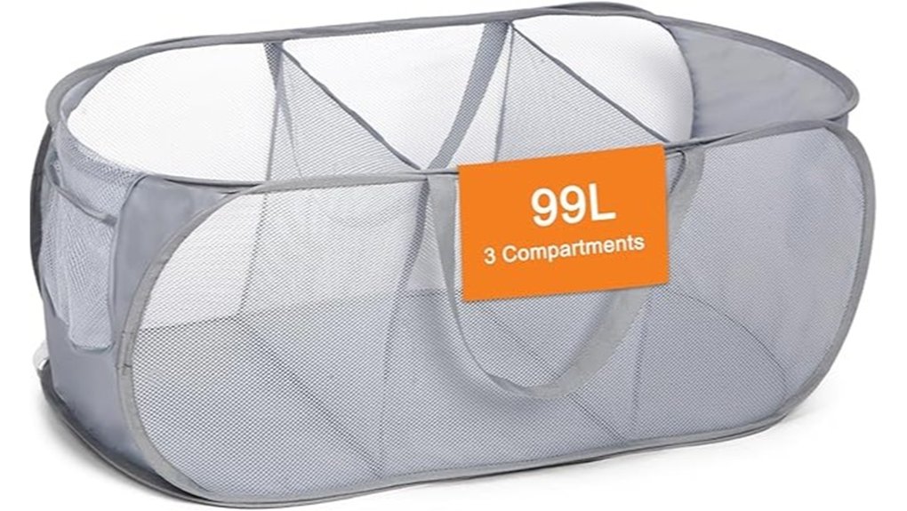 grey collapsible 3 compartment hamper