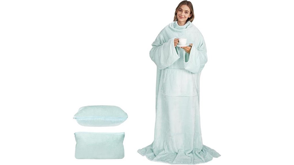 Packable Travel Blanket With Sleeves (Wearable) For Flights 5 packable wearable pillow sleeves
