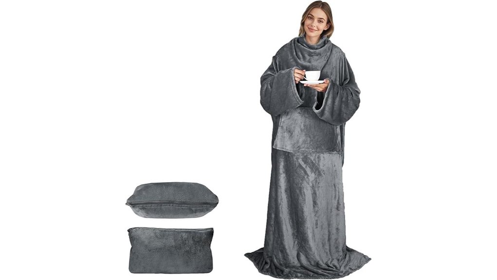 Packable Travel Blanket With Sleeves (Wearable) For Flights 2 portable pocketed blanket pillow