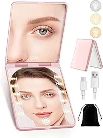 Compact Mirror with LED Ring (Pocket) for On-the-Go Glow 15 rechargeable 30x lighted mirror