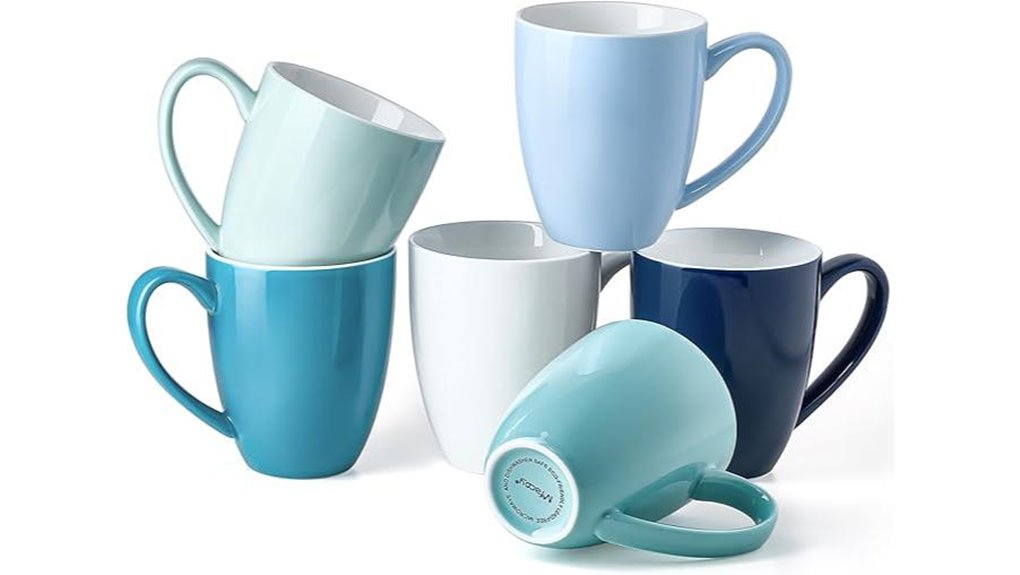 six blue porcelain mugs