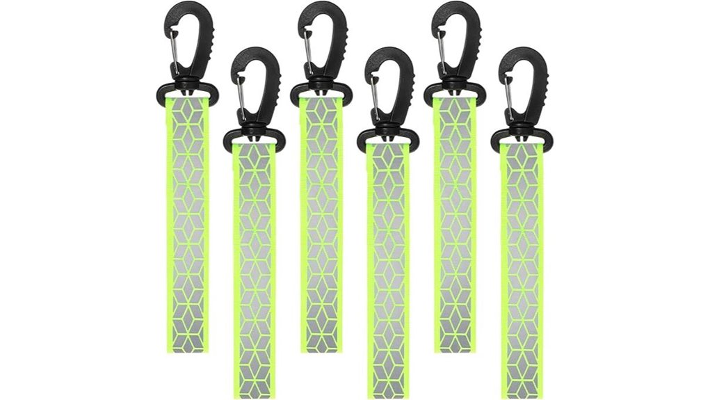 six green reflective tags