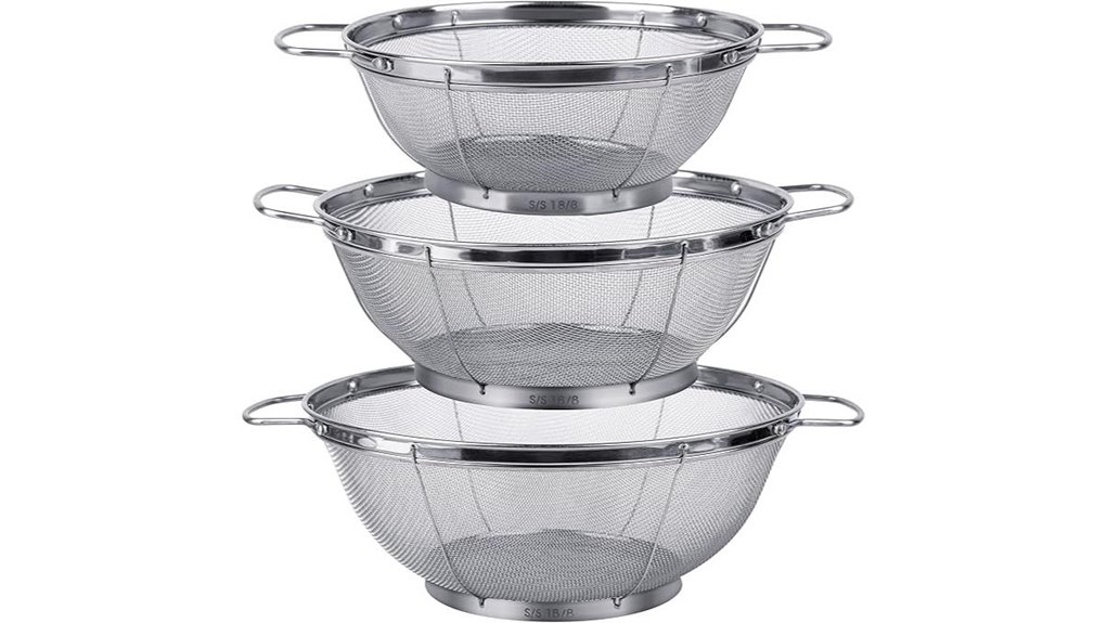 three stainless steel colanders