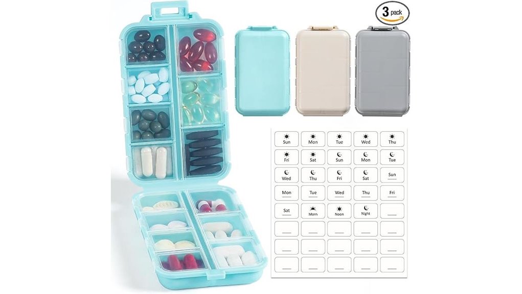 Travel Pill Organizer Cases (Secure Latching) Keep Meds Safe 10 travel 3 pack 14 grid labeled