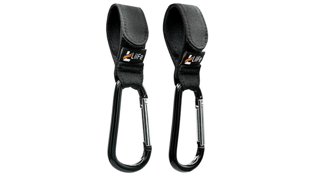 Stroller Travel Hooks (Strong, Non‑Slip) Keep Baby Secure 8 two black stroller hooks